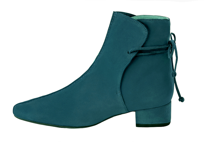Peacock blue women's ankle boots with laces at the back. Round toe. Low block heels. Profile view - Florence KOOIJMAN